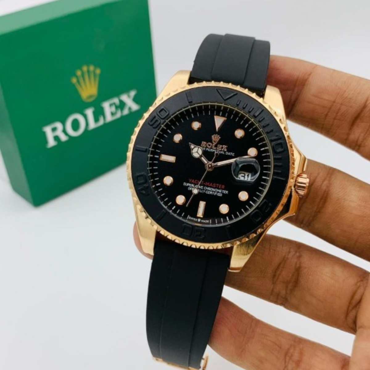 (Golden ) Rolex Stylish Watch For Men Adjustable Rubber Strap | Heavy Master Lock | Steel Buzzle Working | ( With Normal Box )