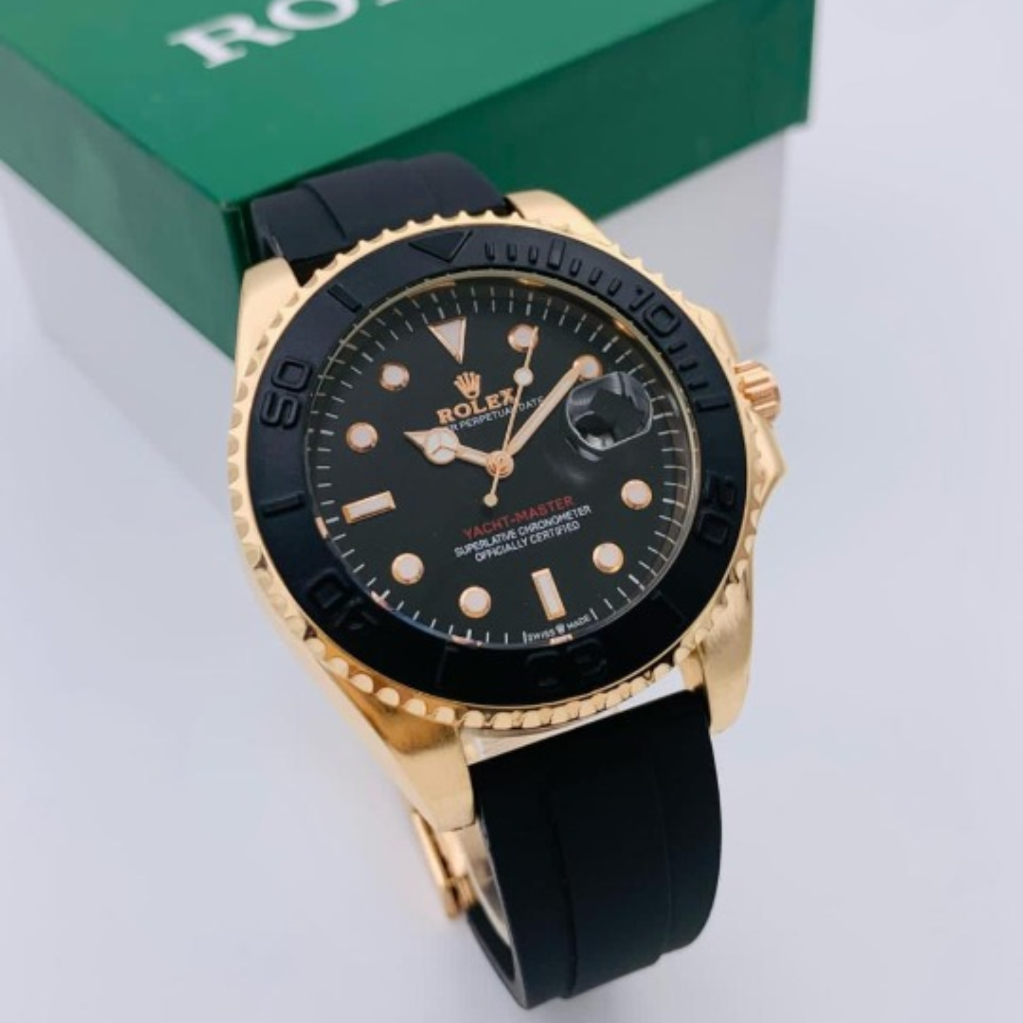 (Golden ) Rolex Stylish Watch For Men Adjustable Rubber Strap | Heavy Master Lock | Steel Buzzle Working | ( With Normal Box )